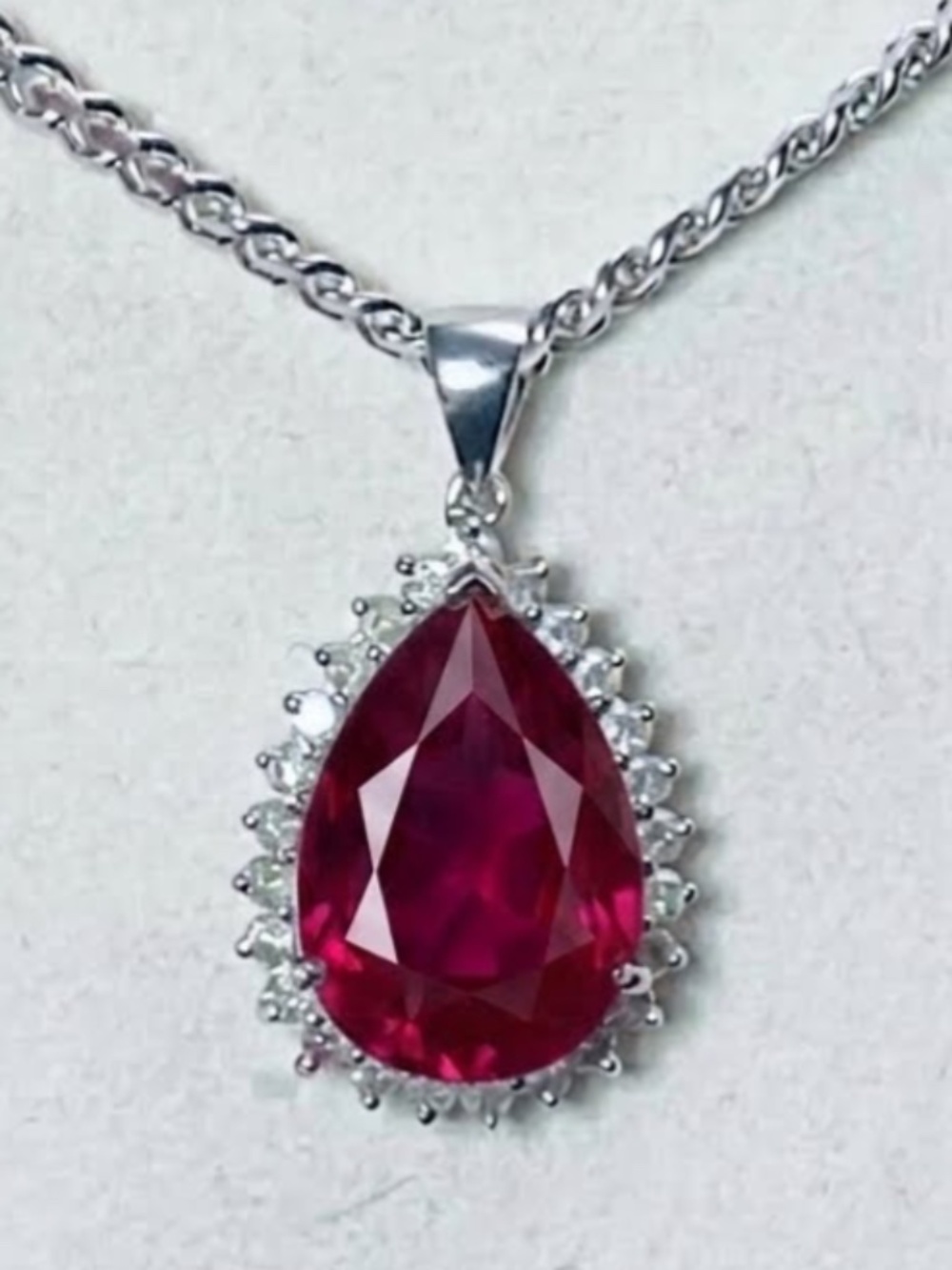 Vintage 14K White Gold & Natural Ruby with Diamonds Pendant
